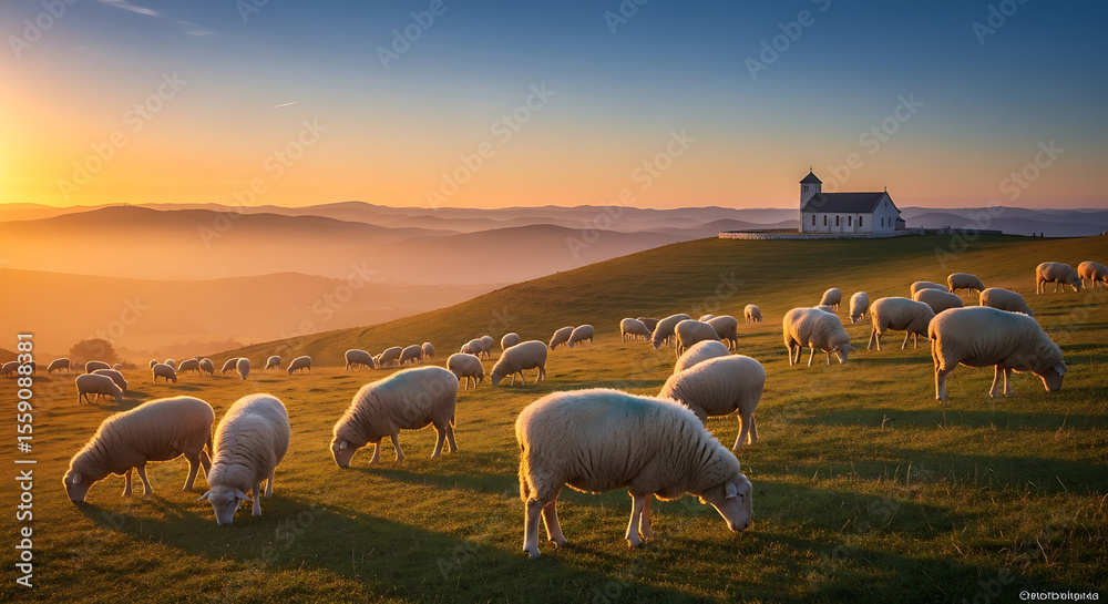 Fototapeta premium A flock of sheep grazing peacefully on a grassy hill with a building under a radiant sky.