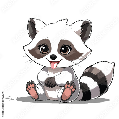 A cute cartoon raccoon with a striped tail sits and sticks its tongue out