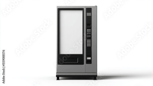 A modern light gray vending machine stands.  blank white screen. isolated on white background. 3d illustration. mockup Vending machine.