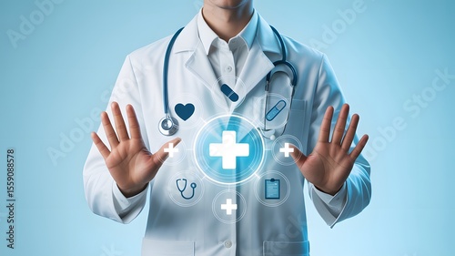 Doctor in a white coat displays medical icons, health and safety using modern digital interface over a gradient blue background.