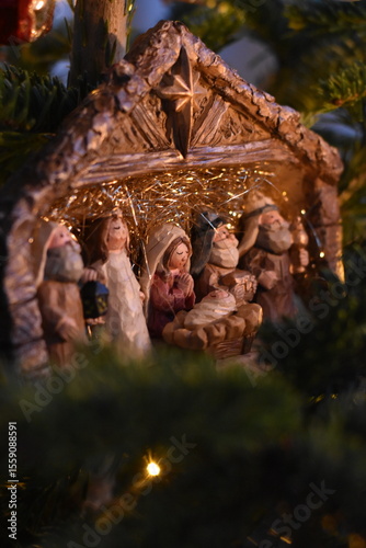 Handcrafted Wooden Nativity Scene with Straw Roof