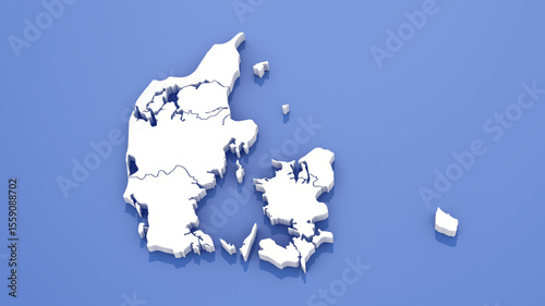 3D Render of Denmark Map with State Borders on Blue Background.