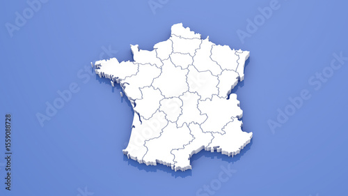 3D Render of France Map with State Borders on Blue Background.