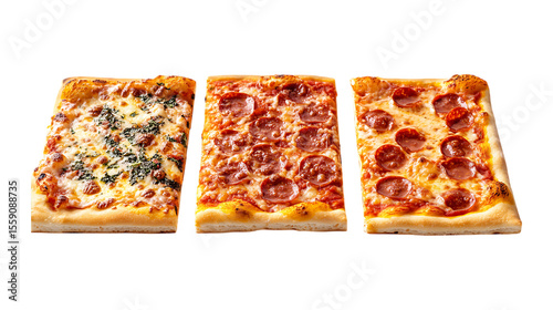 Three square slices of assorted pizza varieties are displayed together as a food advertisement background isolated on transparent background.