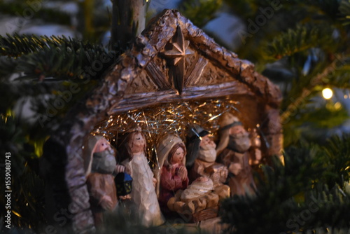 Close-Up of Wooden Nativity Scene with Figurines