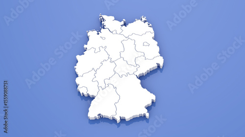 3D Render of Germany Map with State Borders on Blue Background.