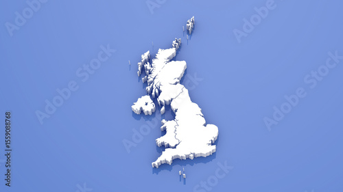 3D Render of Great Britain Map with State Borders on Blue Background.