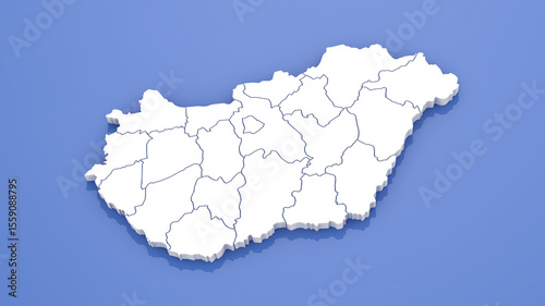 3D Render of Hungary Map with State Borders on Blue Background.