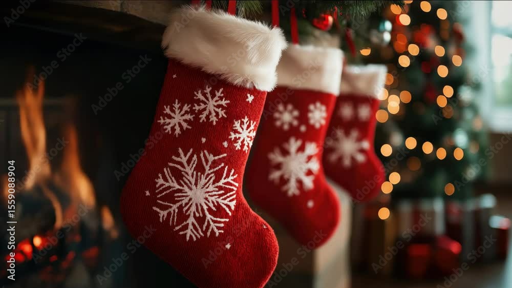 Red Christmas stockings with white snowflakes hang from a fireplace mantle next to a glowing fire, with soft bokeh lights and a decorated tree in the background, creating a warm, festive atmosphere.