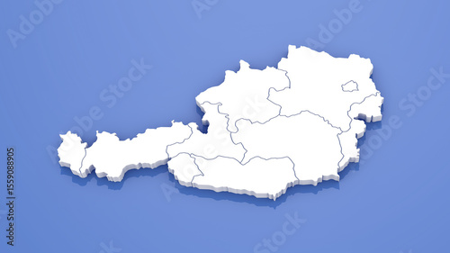 3D Render of Austria Map with State Borders on Blue Background.