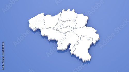 3D Render of Belgium Map with State Borders on Blue Background.