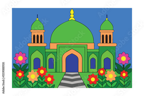 Vibrant Islamic Mosque Surrounded by Colorful Flowers Under a Bright Blue Sky