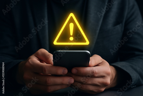 Person holding phone with yellow warning sign overlayed indicating a potential problem on the device