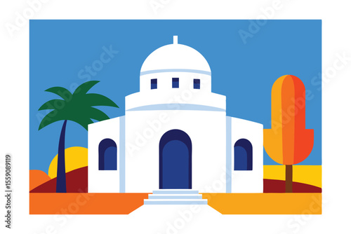 White Building with Palm Tree and Colorful Trees Under Blue Sky