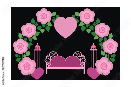 Romantic Wedding Arch Decor with Pink Roses and Elegant Sofa