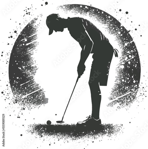  Dynamic graphic of a golfer's powerful swing in striking black and white, capturing elegance, motion, and energy, portrayed in a contemporary illustration technique for a dramatic