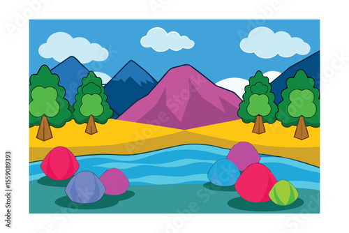 Vibrant Landscape Scene with Colorful Spheres and Flowing Water