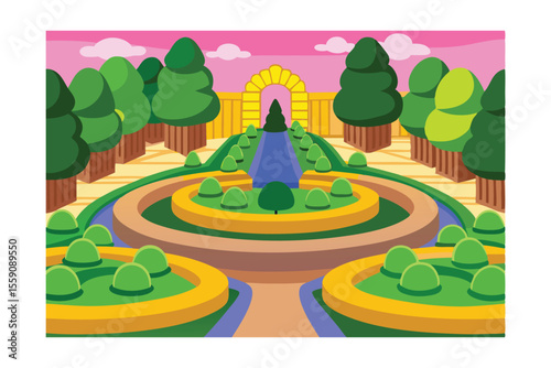 Vibrant Pixel Art Garden with Fountain and Archway