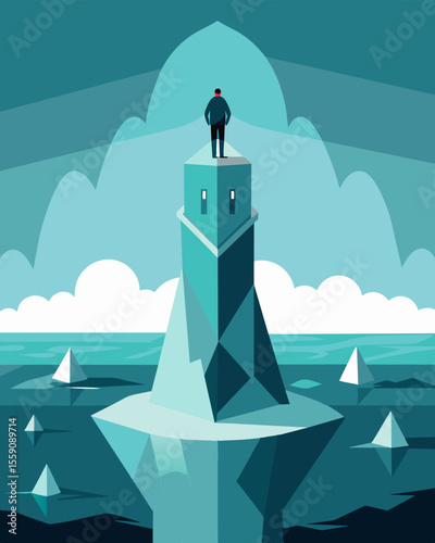 With nothing but frigid waters surrounding them the person on the iceberg stood as a fragile tower built upon a foundation of hidden emotions.. Vector illustration