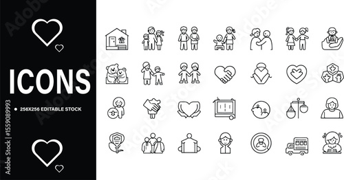 Collection of Editable Stock Icons Representing Family Love and Social Services
