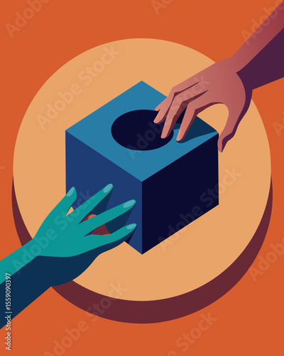 Two hands trying to fit a square block into a round hole representing the difficulty and frustration of trying to force incompatible thoughts and beliefs together.. Vector illustration