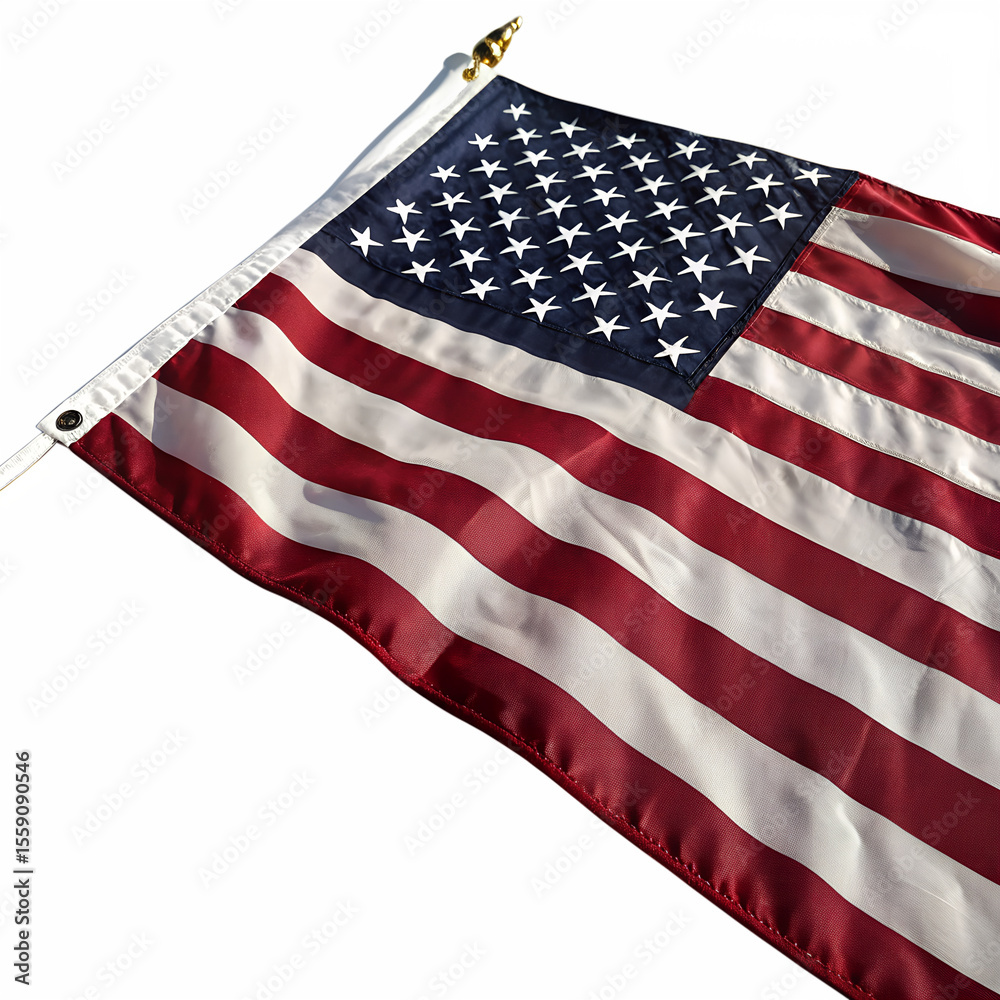 Obraz premium An american flag with fifty stars and thirteen stripes is waving gently on a white pole isolated on transparent background