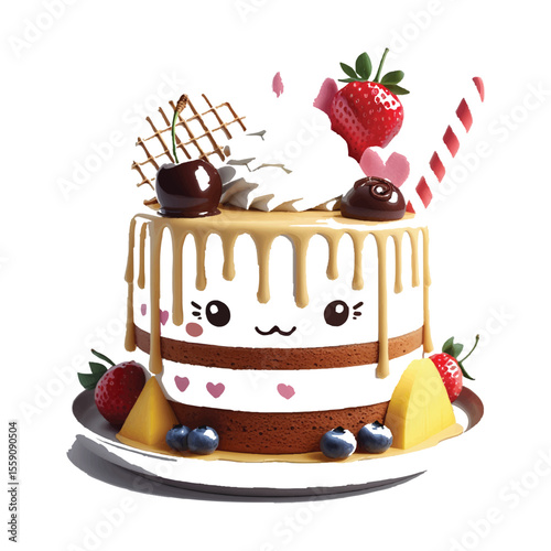A cute cartoon cake with a happy face and strawberry and cherry toppings isolated on white background