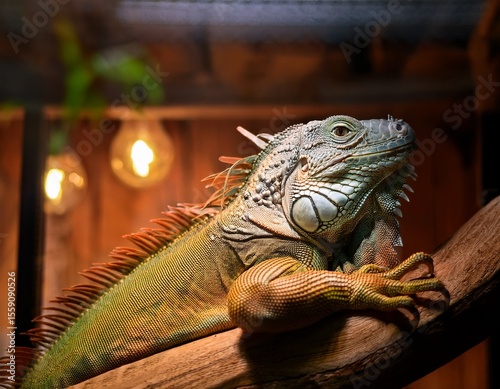 a green iguana lounges under a warm lamp in its enclosure a stunning close up of an exotic reptilian pet