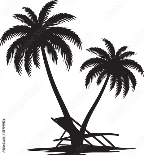Palm tree and beach chair silhouette vector illustration