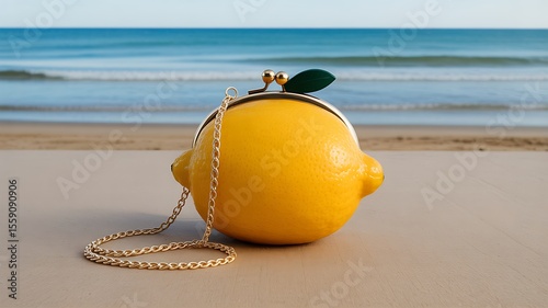 Unique lemon shaped clutch purse with gold chain resting on a table by the ocean