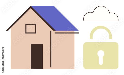 House with simple roof, cloud, and padlock suggesting safety, cloud storage, and secure home systems. Ideal for security, technology, protection, privacy real estate cloud computing accessible
