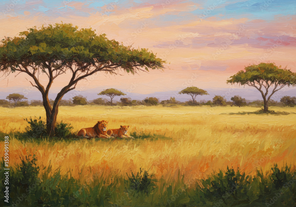 Obraz premium Impressionist painting of lions resting under an acacia tree in the African savanna at sunset