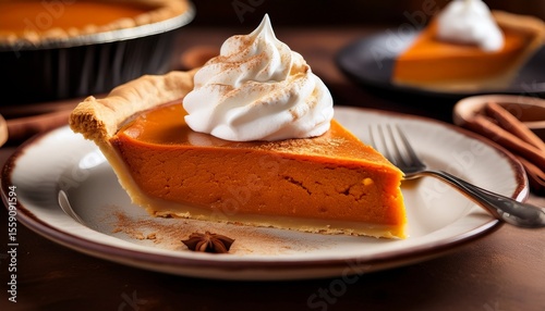 a slice of sweet potato pie with a flaky crust and a silky spiced filling served with a dollop of whipped cream and a sprinkle of cinnamon a comforting southern dessert thataets full of nostalgic