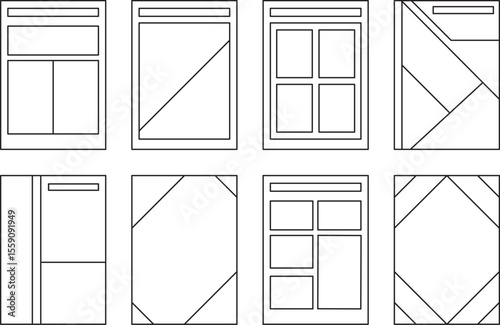 Minimalist editorial layout template icons—editable stroke design for magazine, poster, or brochure composition. Perfect for modern publishing and visual hierarchy planning.