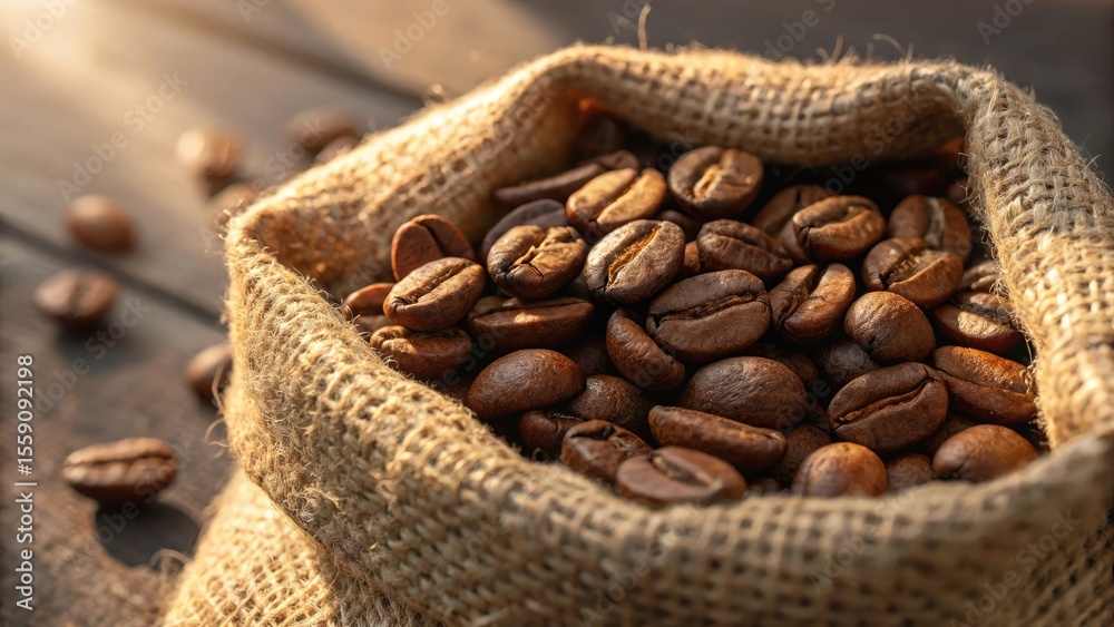 Fototapeta premium Roasted coffee beans spilling from burlap sack image