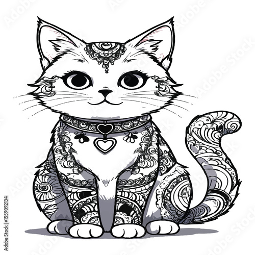 A beautifully patterned cartoon cat sits gracefully with a decorative collar isolated on white background