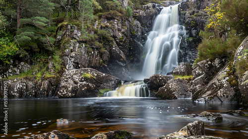Majestic Scottish Highland Waterfall with Long Exposure

