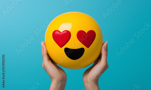 Hands holding a heart eye emoji toy, concept for happtness and affection