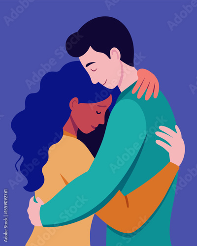 As they hugged she could feel his embrace turning into a manipulative hold with his arms gripping her tightly and his breath hot against her neck.. Vector illustration