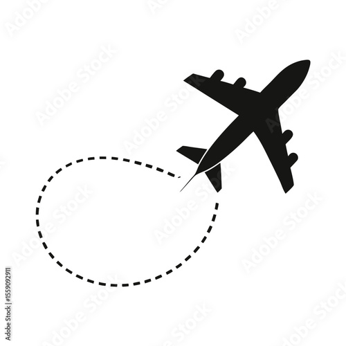Airplane with dotted line route. flying plane with twisted, curved and straight dashed trace path.