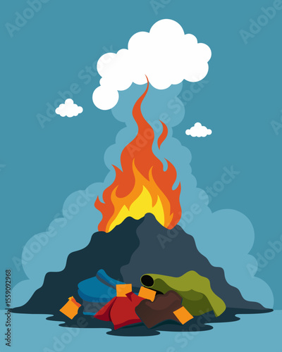 A landfill fire fueled by discarded clothing releases harmful toxins into the air highlighting the environmental hazards of constantly discarding clothing.. Vector illustration