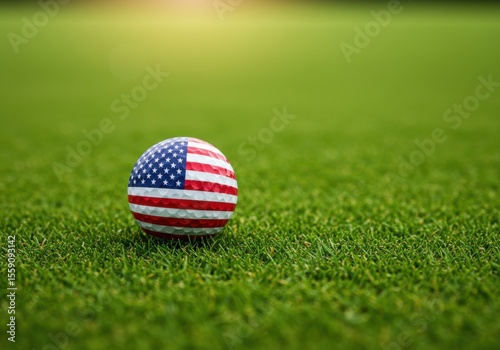 A golf ball painted with the american flag sits on green grass