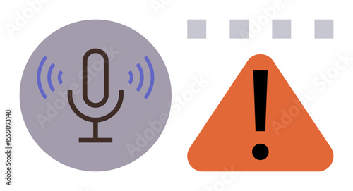 Microphone emitting sound waves next to orange warning triangle and alert icon. Ideal for sound recording, podcasting, audio editing, error notification, monitoring, technology safety. Simple flat