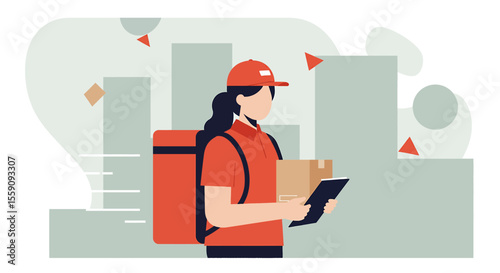 A delivery person wearing a red uniform and cap, carrying a backpack and holding a package and tablet, stands in front of stylized buildings, ready to deliver the goods.