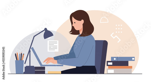 a woman seated at a desk, engrossed in work on a laptop, surrounded by an array of books and office supplies. Suitable for landing page, banner, marketing, web design, presentation, infographic, etc.