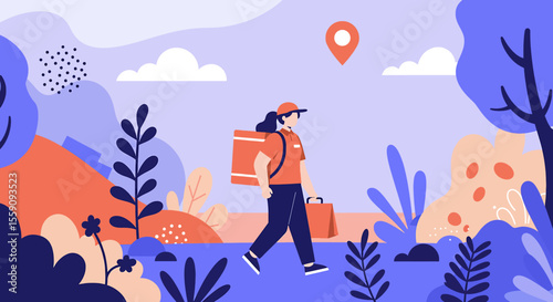 A modern flat illustration shows a delivery person with a thermal bag walking through a stylized landscape, symbolizing efficient service and logistics.