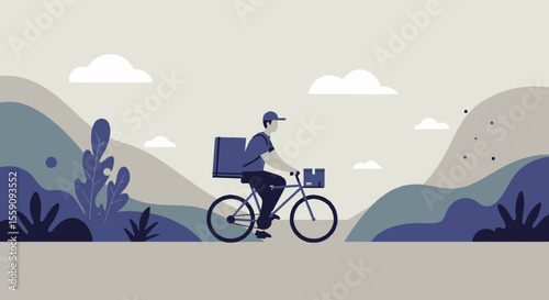 a delivery person on a bicycle, carrying a package, with a mountainous landscape in the background. Suitable for landing page, banner, marketing, web design, presentation, infographic, etc.