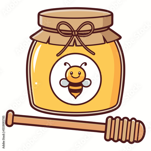Cute cartoon jar of honey with a bee logo and a honey dipper isolated on white background
