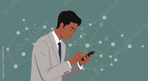 a man in a suit looking at his smartphone, with a network of interconnected dots in the background. Suitable for landing page, banner, marketing, web design, presentation, infographic, etc.