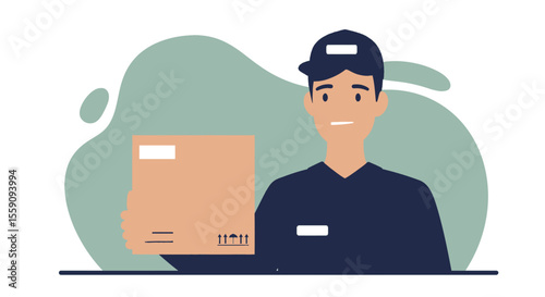 a delivery person holding a cardboard box with shipping labels, wearing a blue uniform and cap. Suitable for landing page, banner, marketing, web design, presentation, infographic, etc.